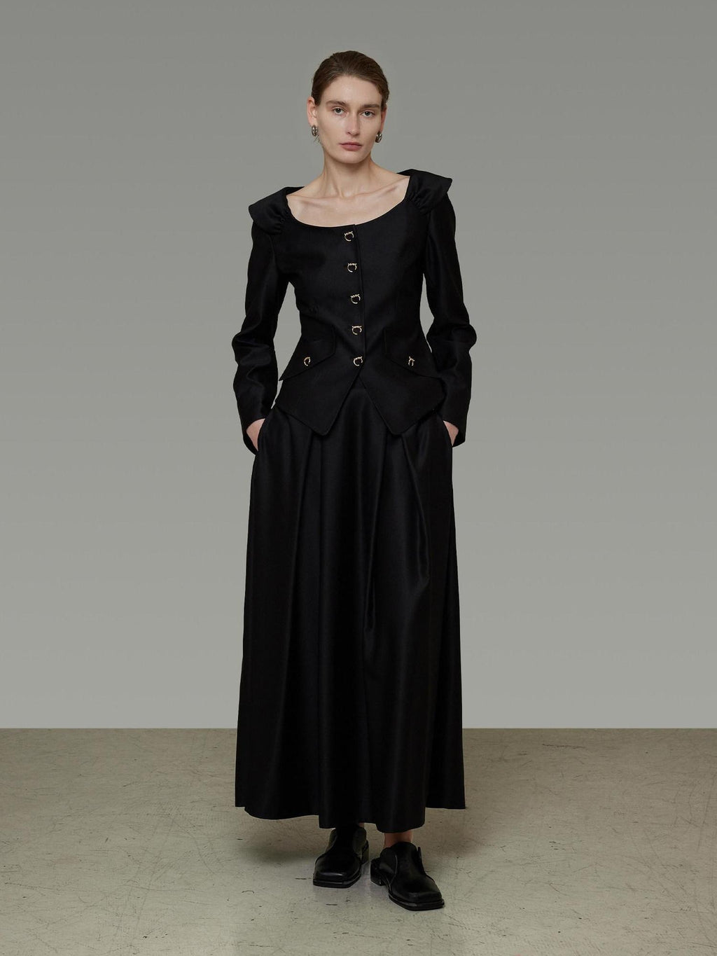 unspoken Slim Long Sleeve Square Neck Button Crop Top High Waist Black Top & Skirt Sets