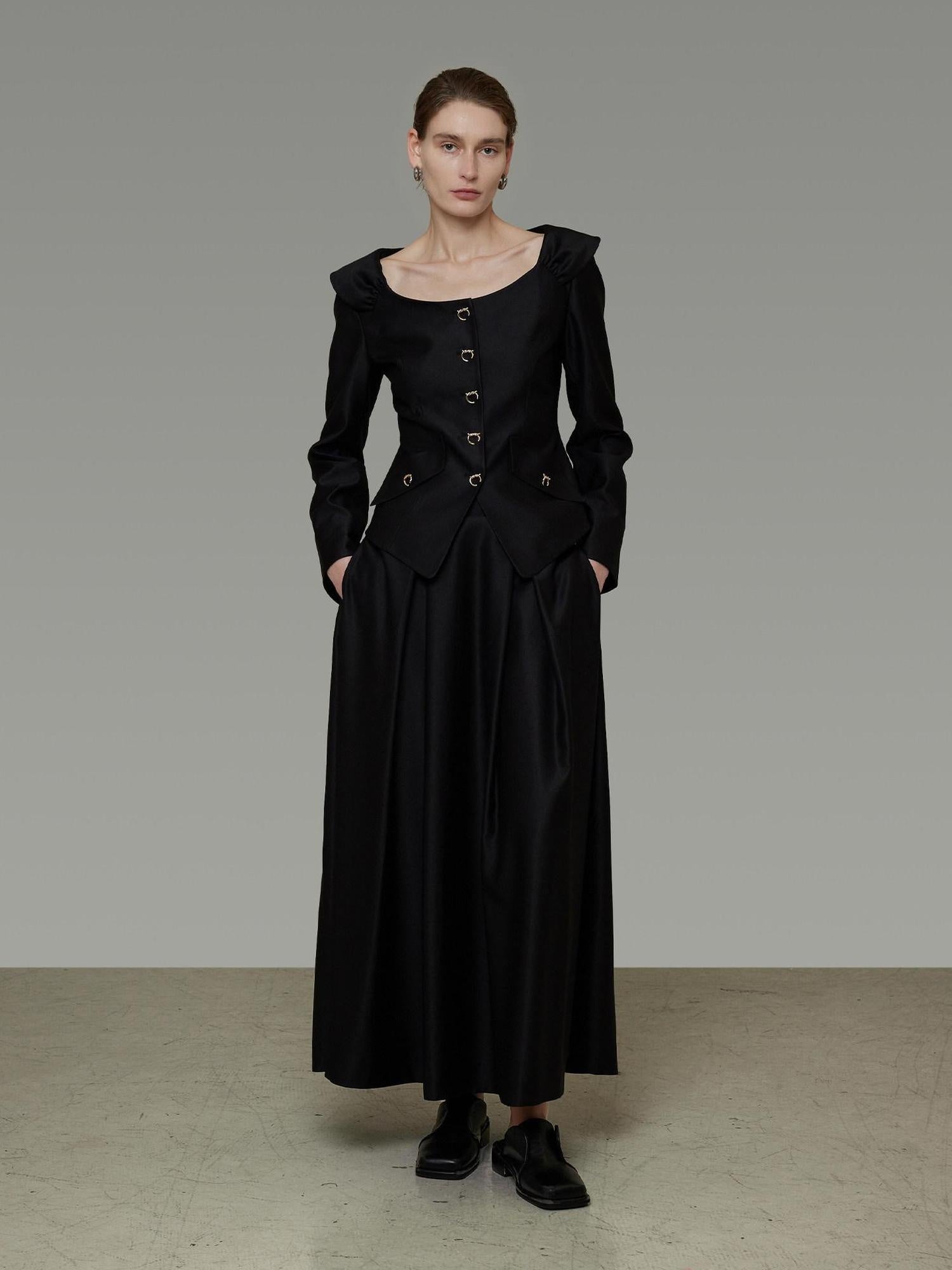 unspoken Slim Long Sleeve Square Neck Button Crop Top High Waist Black Top & Skirt Sets