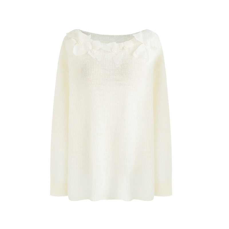 unspoken_Soft_Knit_3D_Embellishment_Loose_Round_Neck_Long_Sleeve_Women_White_Blouses_MISSTT