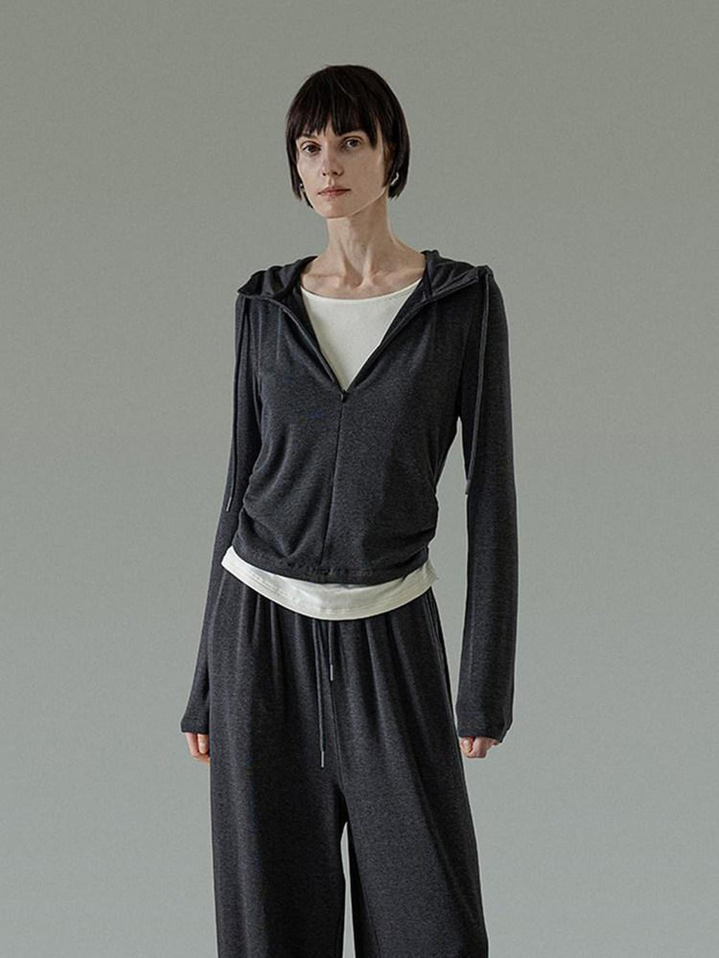 unspoken Soft Viscose Two Piece Hooded Zip Up Loose Minimal Female Deep Gray Lounge Sets