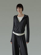 unspoken Soft Viscose Two Piece Hooded Zip Up Loose Minimal Female Deep Gray Lounge Sets