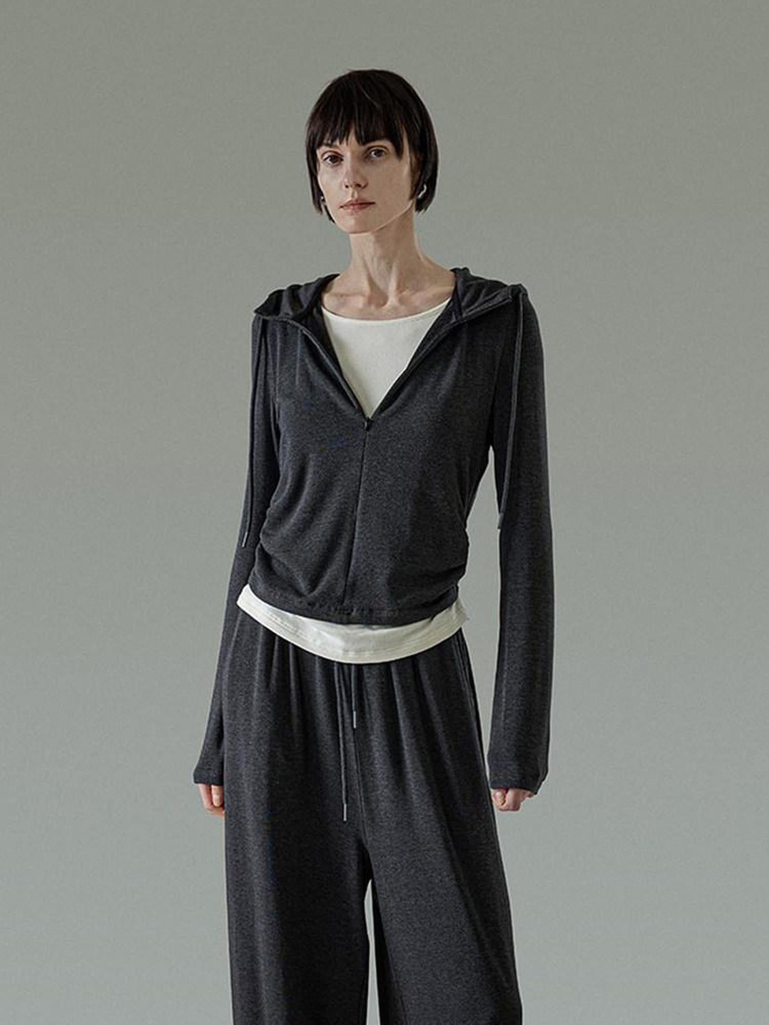 unspoken Soft Viscose Two Piece Hooded Zip Up Loose Minimal Female Deep Gray Lounge Sets