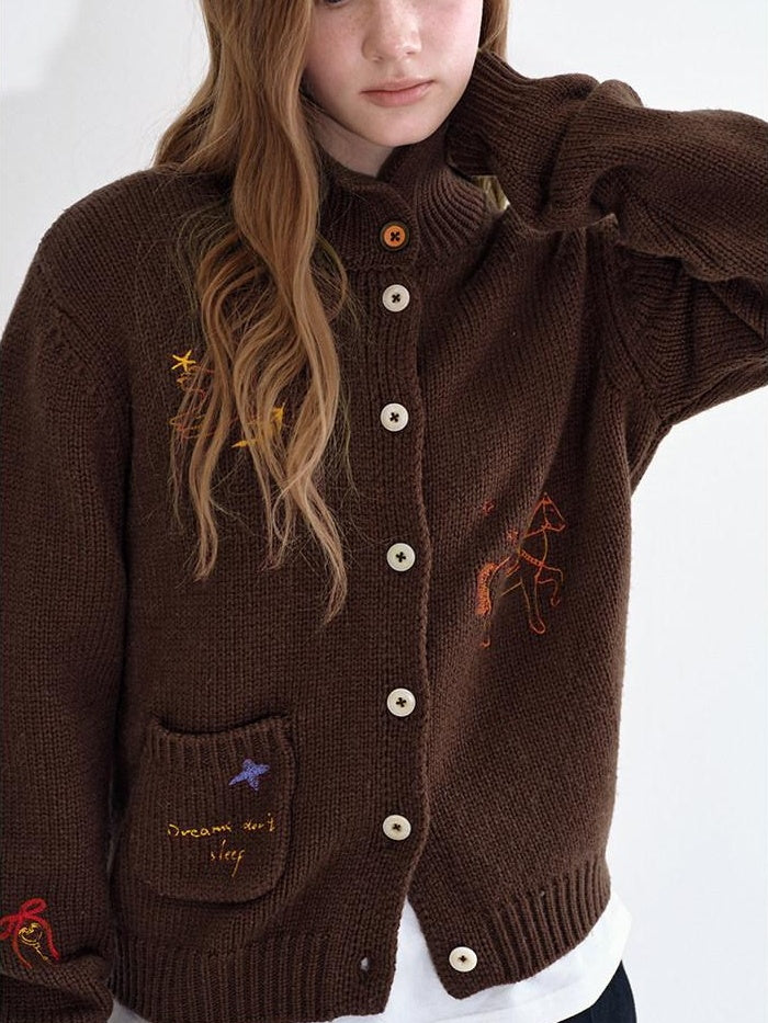 fano Soft Wool Blend Knit Commuter Loose Fit Stand Collar Women Brown Cardigans