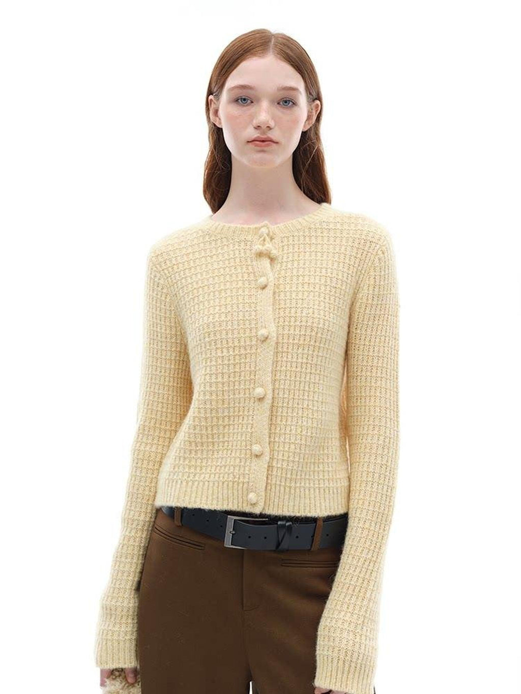 someonesometimes Soft Alpaca Blend Commuter Artsy Crew Neck Button Long Sleeve Cream Cardigans