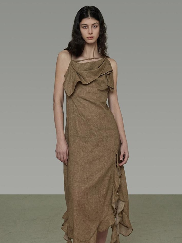 unspoken Cotton High Waist Irregular Hem Minimal Work Strappy Brown Maxi Dresses