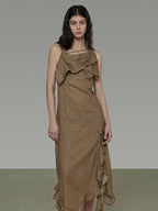 unspoken Cotton High Waist Irregular Hem Minimal Work Strappy Brown Maxi Dresses