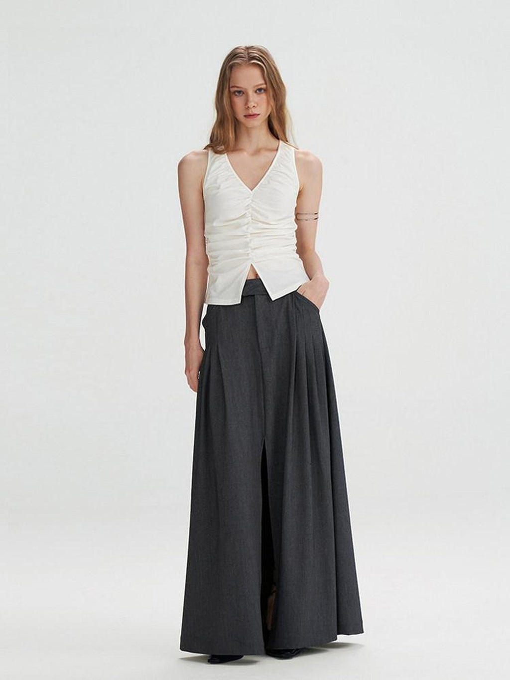 someone sometimes Pleated High Slit Mid Waist Office A Line Women Polyester Rayon Maxi Skirts