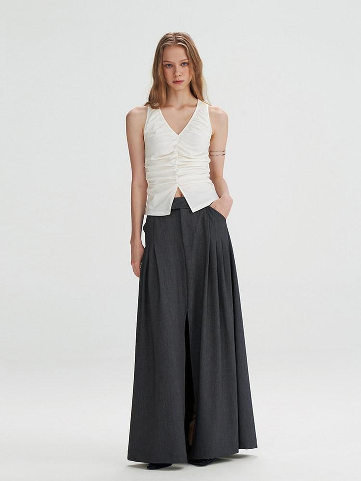 someone sometimes Pleated High Slit Mid Waist Office A Line Women Polyester Rayon Maxi Skirts