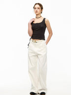 ikyou Durable Brushed Denim Natural Waist Loose Women Casual White Wide Leg Jeans