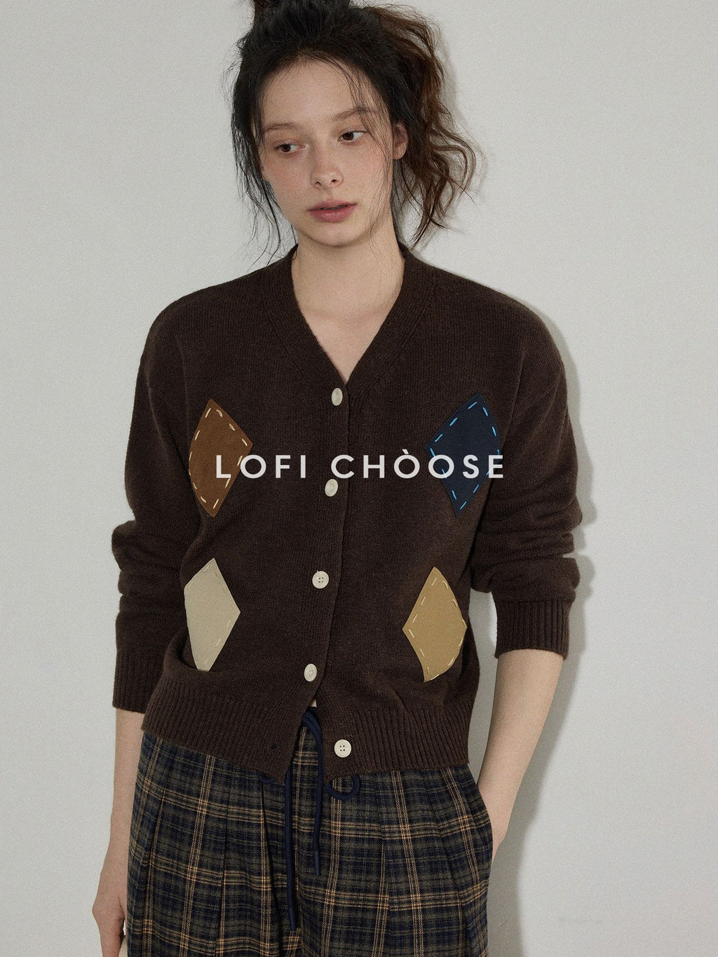Lofi choose Wool Blend Colorblock Loose V-neck Women Workwear Argyle Button Knit Cardigans