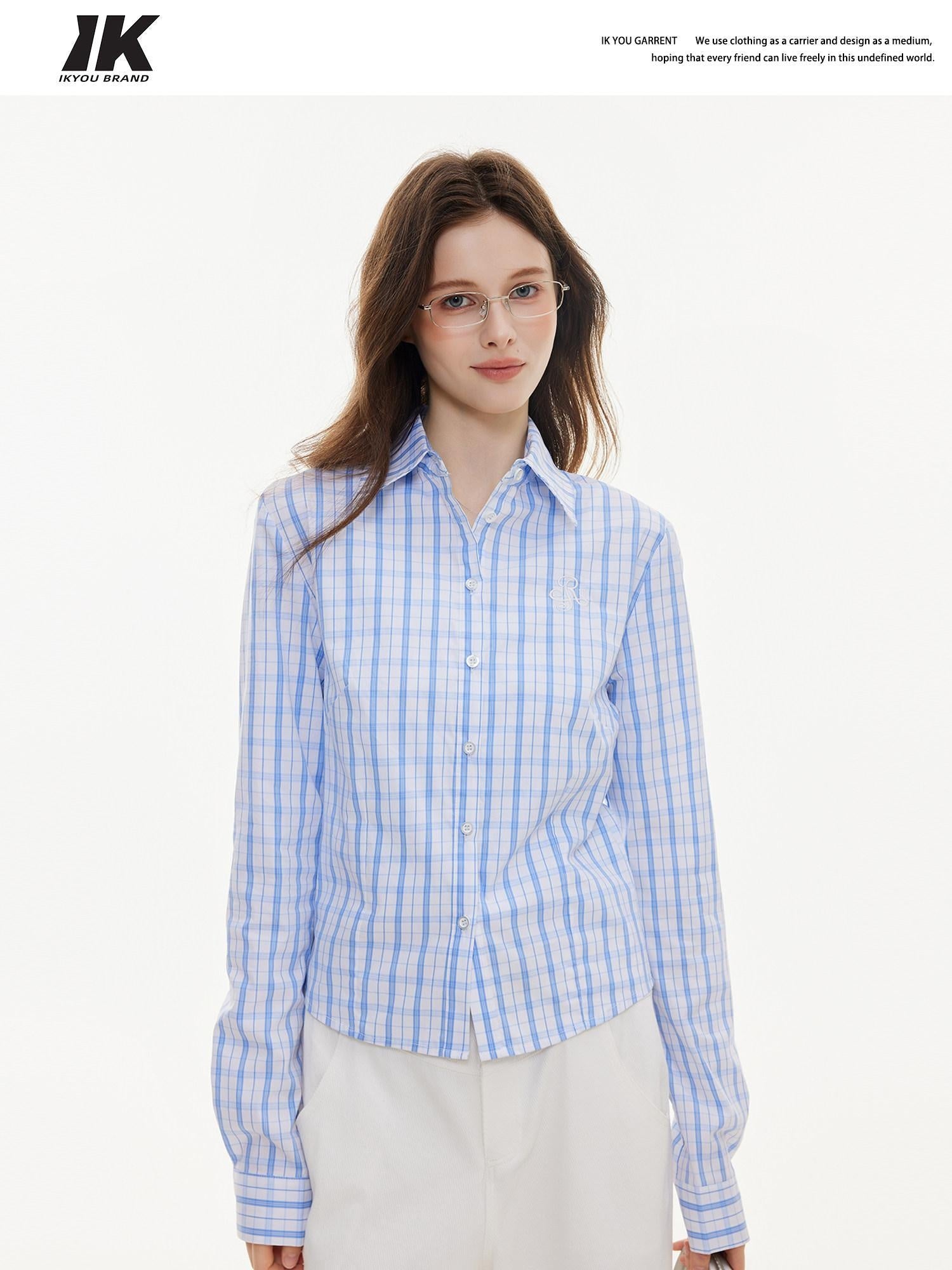 ikyou Uv Protection Embroidered Slim Collared Plaid Cardigan Girls Cotton Shirts