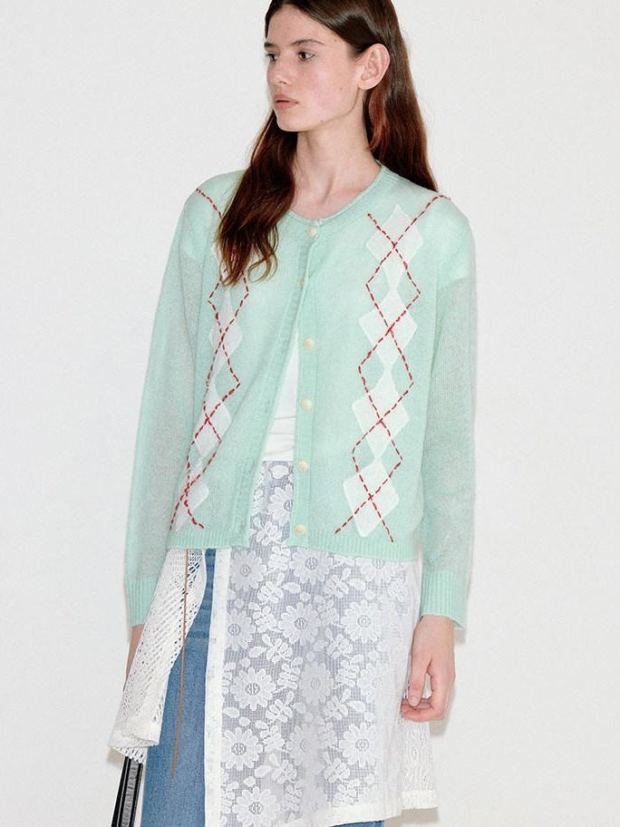 fano Warm Wool Blend Diamond Loose Fit Commuter Round Neck Mint Cardigans