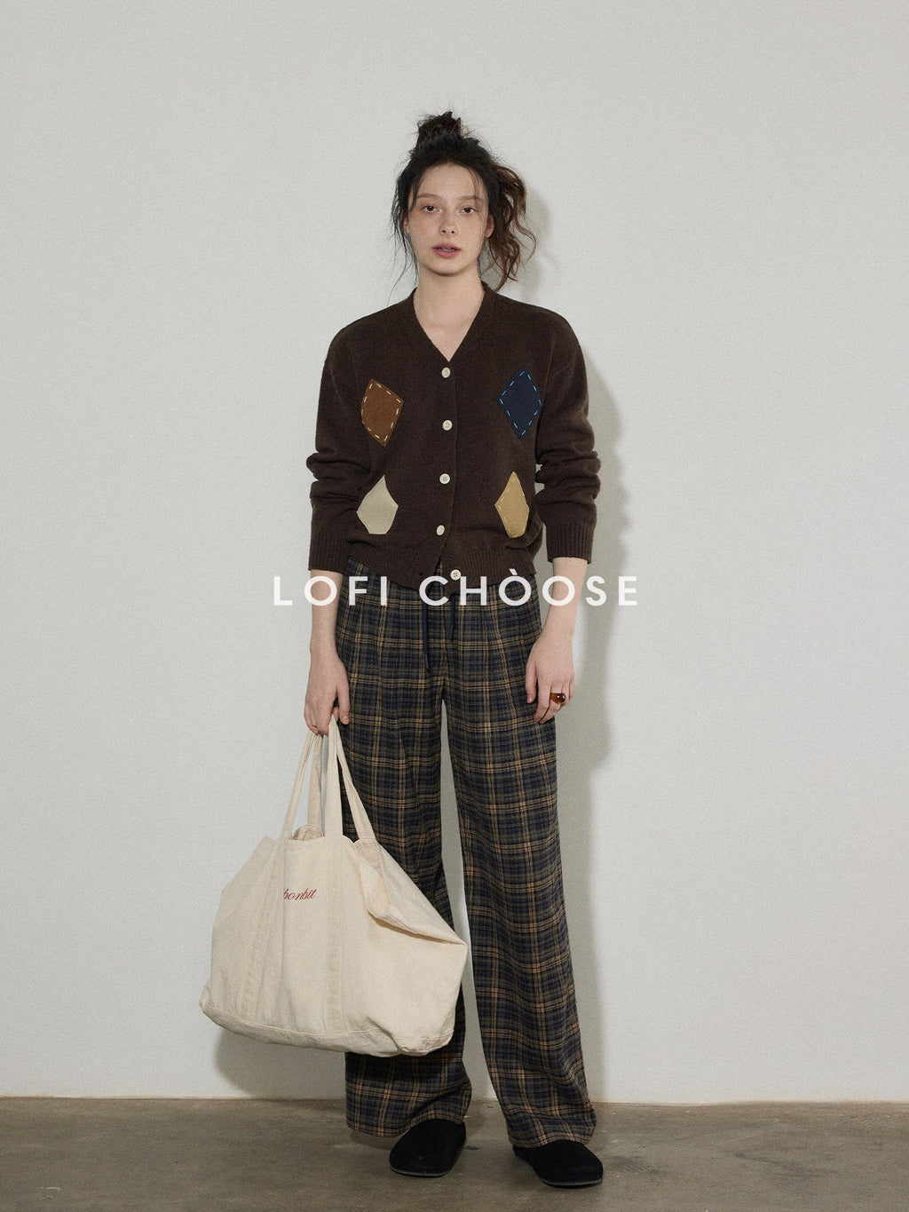 Lofi choose Wool Blend Colorblock Loose V-neck Women Workwear Argyle Button Knit Cardigans