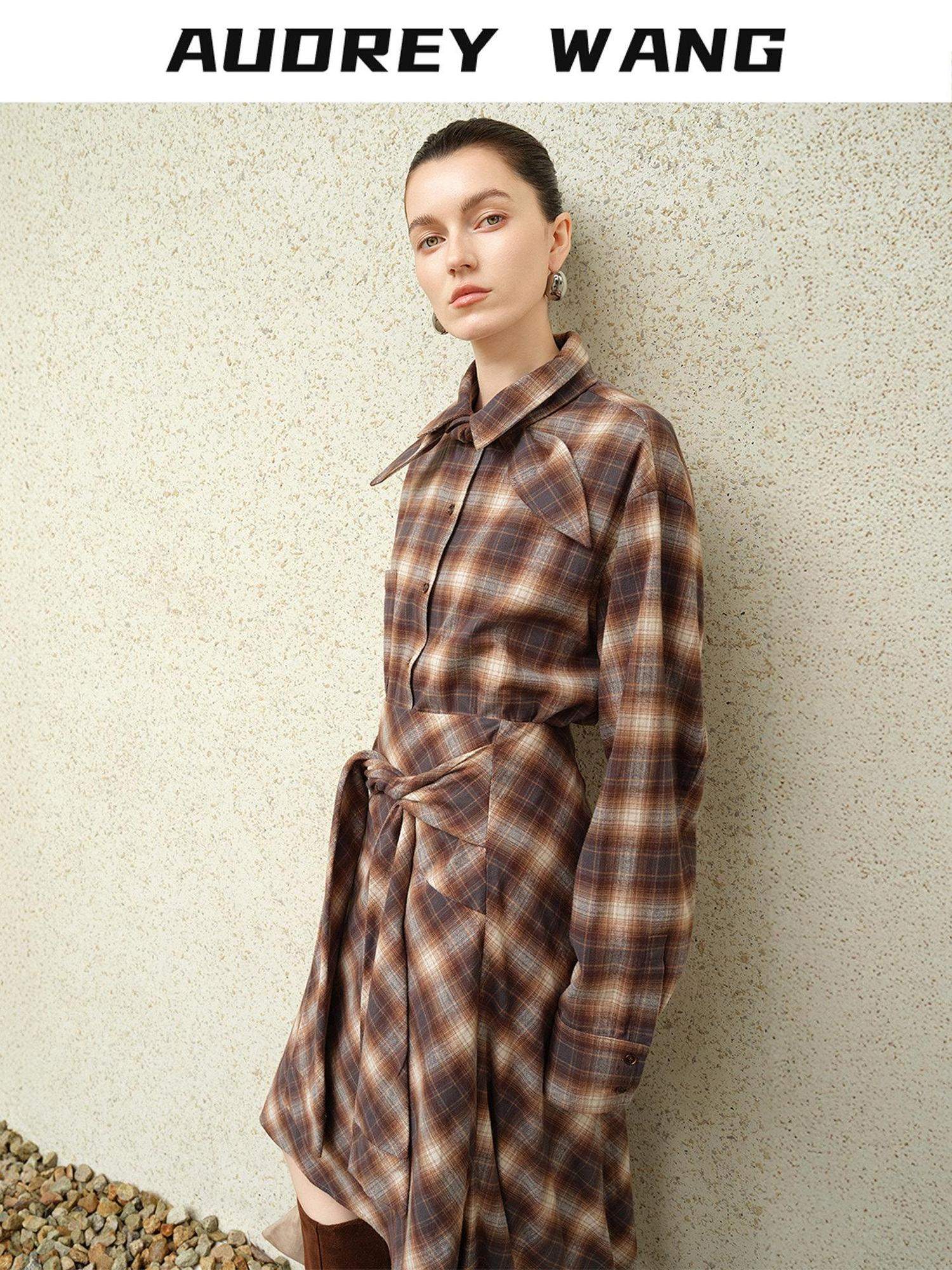 audreyyang Brushed Cotton Sunset Orange Belted Plaid Cardigan Women Top & Skirt Sets