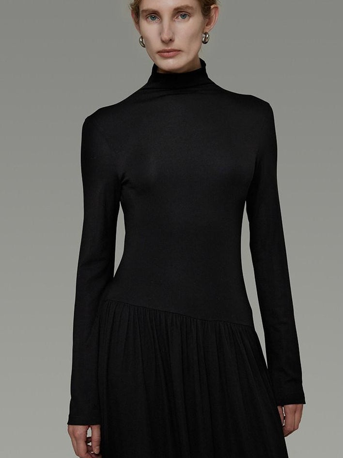 unspoken Modal Knit Turtleneck Slim Waist Long Sleeve City Workwear Black Maxi Dresses