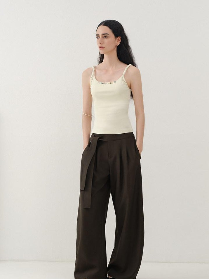 someonesometimes Minimalist Work Natural Waist Button Tea Brown Stretch Wide Leg Pants