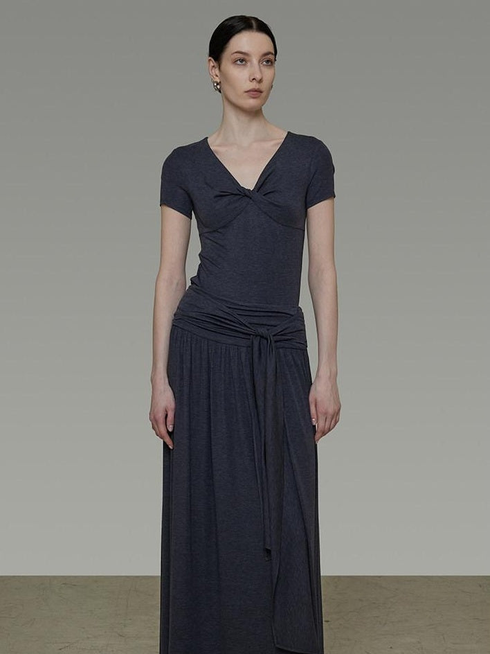unspoken Lyocell Blend V-neck Slim Fit Minimal Workwear Women Solid Color Maxi Dresses