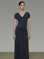unspoken Lyocell Blend V-neck Slim Fit Minimal Workwear Women Solid Color Maxi Dresses