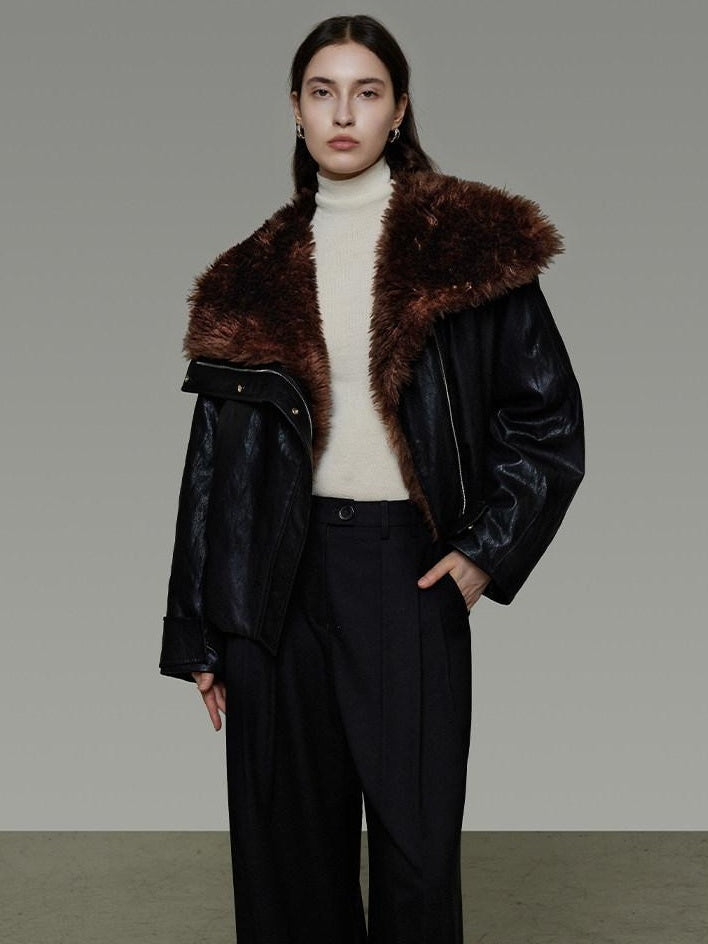 unspoken Thick Warm Patchwork Lapel Zipper Loose Women Commuter Black Leather Jackets
