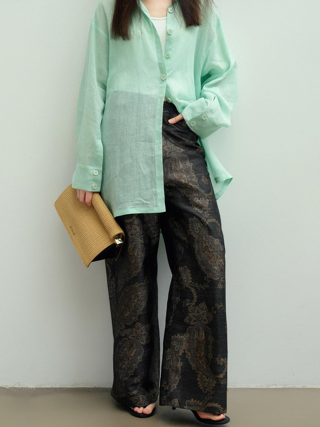 audreyyang Vintage Jacquard Botanical Floral Natural Waist Loose Fit Ladies Wide Leg Pants