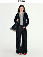 fano Striped Faux Two Piece Loose Fit Commuter Women Black Cotton Blend Hoodie