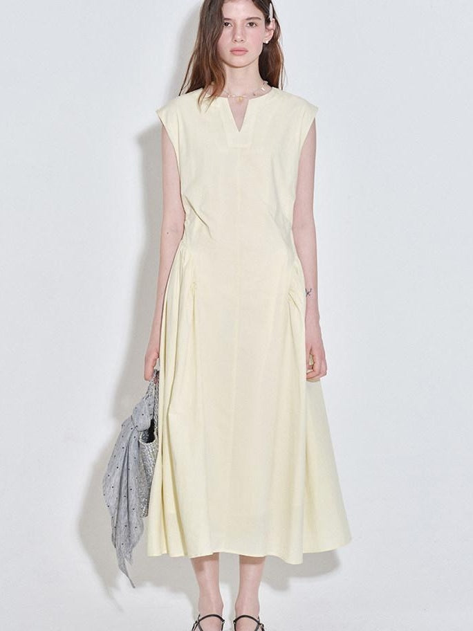 fano Pure Cotton Minimalist V-neck Sleeveless A Line Casual Women Yellow Maxi Dresses
