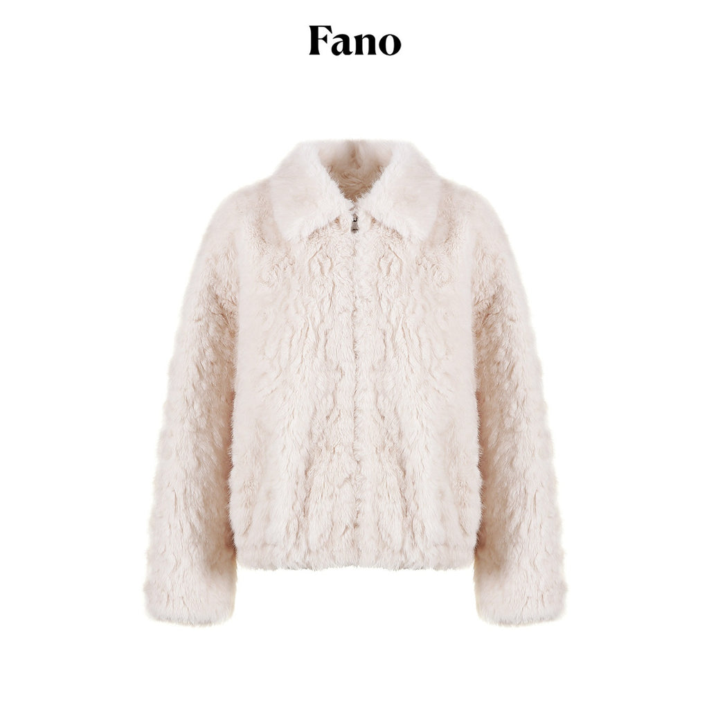 fano Warm Vintage Loose Lapel Zipper Long Sleeve Casual Young Women Ivory Short Coat