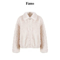 fano Warm Vintage Loose Lapel Zipper Long Sleeve Casual Young Women Ivory Short Coat