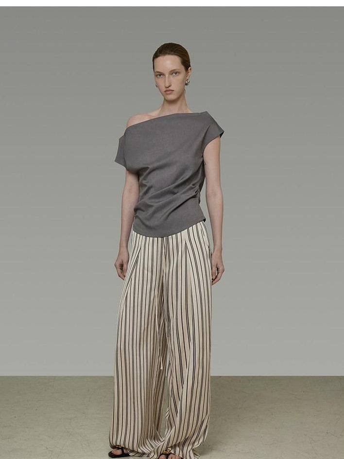 unspoken Minimalist High Waist Elastic Office Loose Striped Polyester Wide Leg Pants
