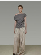 unspoken Minimalist High Waist Elastic Office Loose Striped Polyester Wide Leg Pants