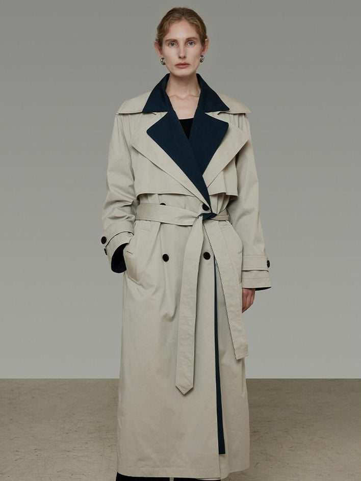 unspoken Minimalist Double Breasted Long Straight Workwear Beige Navy Trench Coats