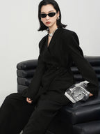 audreyyang Pleated Structured Loose Fit Double Breasted Mid Length Women Office Blazers