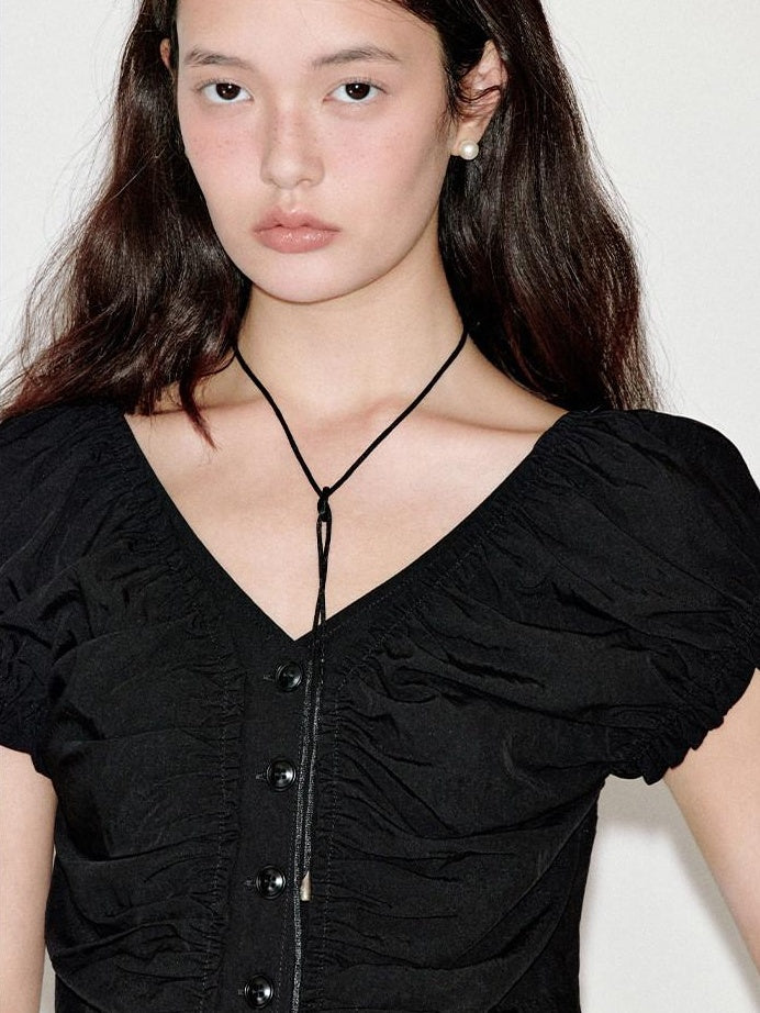fano Sleek Black V-neck Button Short Sleeve Two Piece Chic Women Top & Skirt Sets