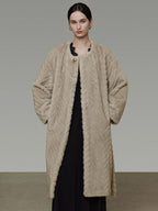 unspoken Warm Thick Beige Loose Fit Collarless Mid Length Commuter Women Long Coats