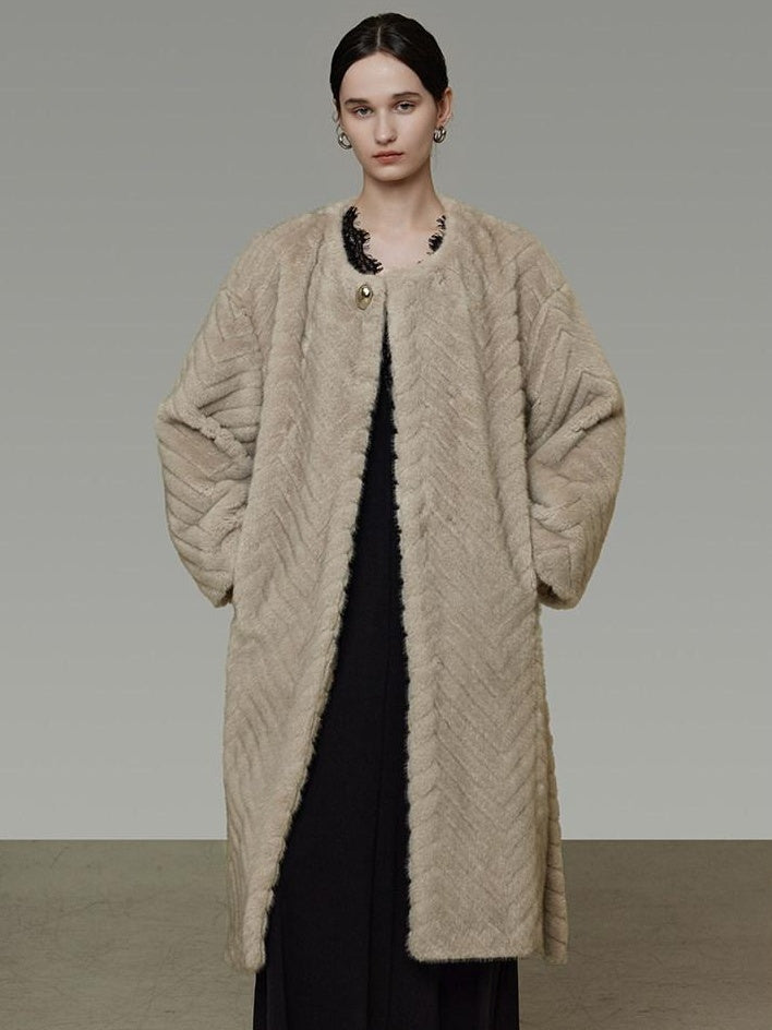 unspoken Warm Thick Beige Loose Fit Collarless Mid Length Commuter Women Long Coats