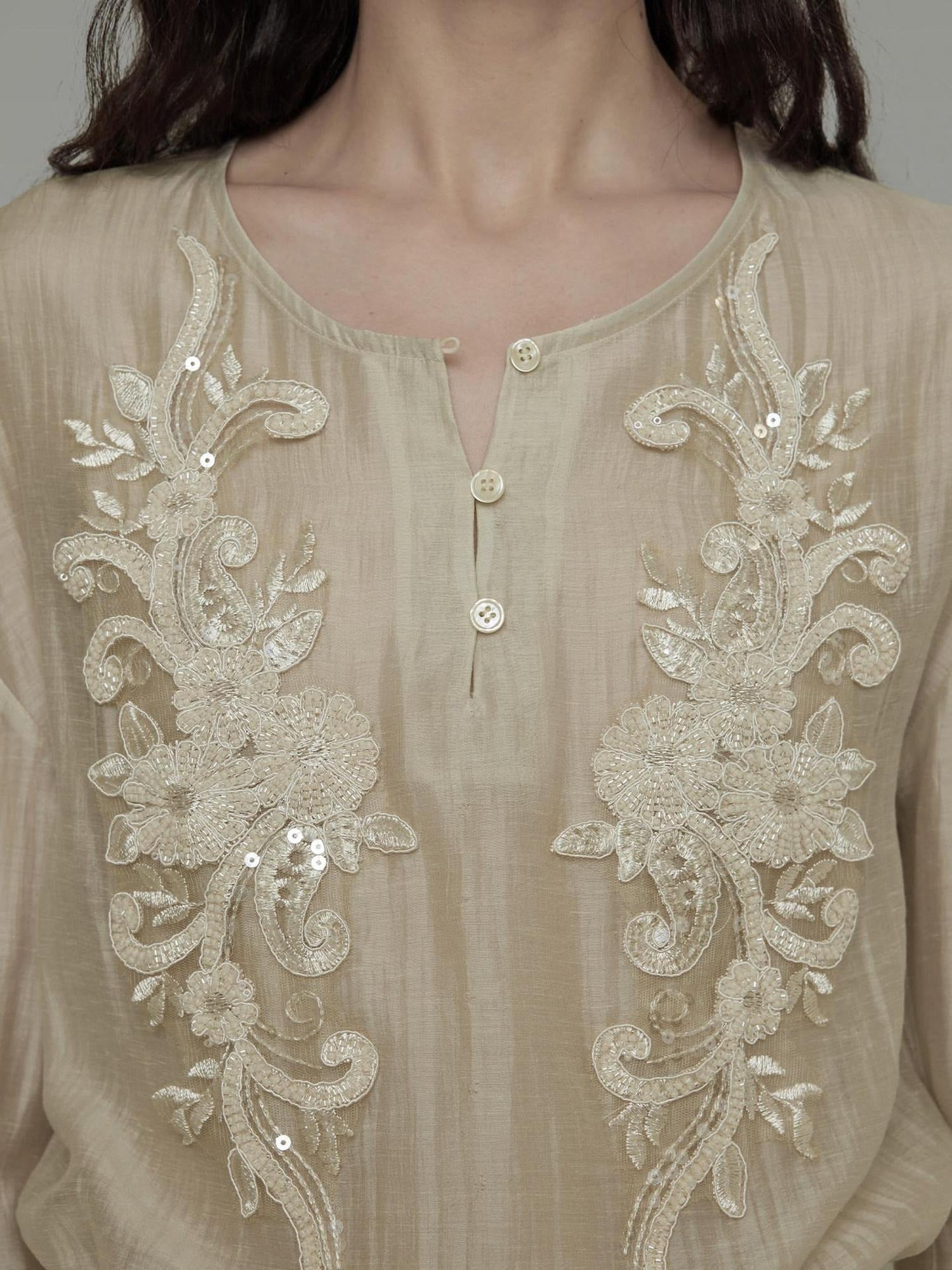 unspoken Breathable Lyocell Embroidered Vintage Loose Round Neck Women Almond Blouses