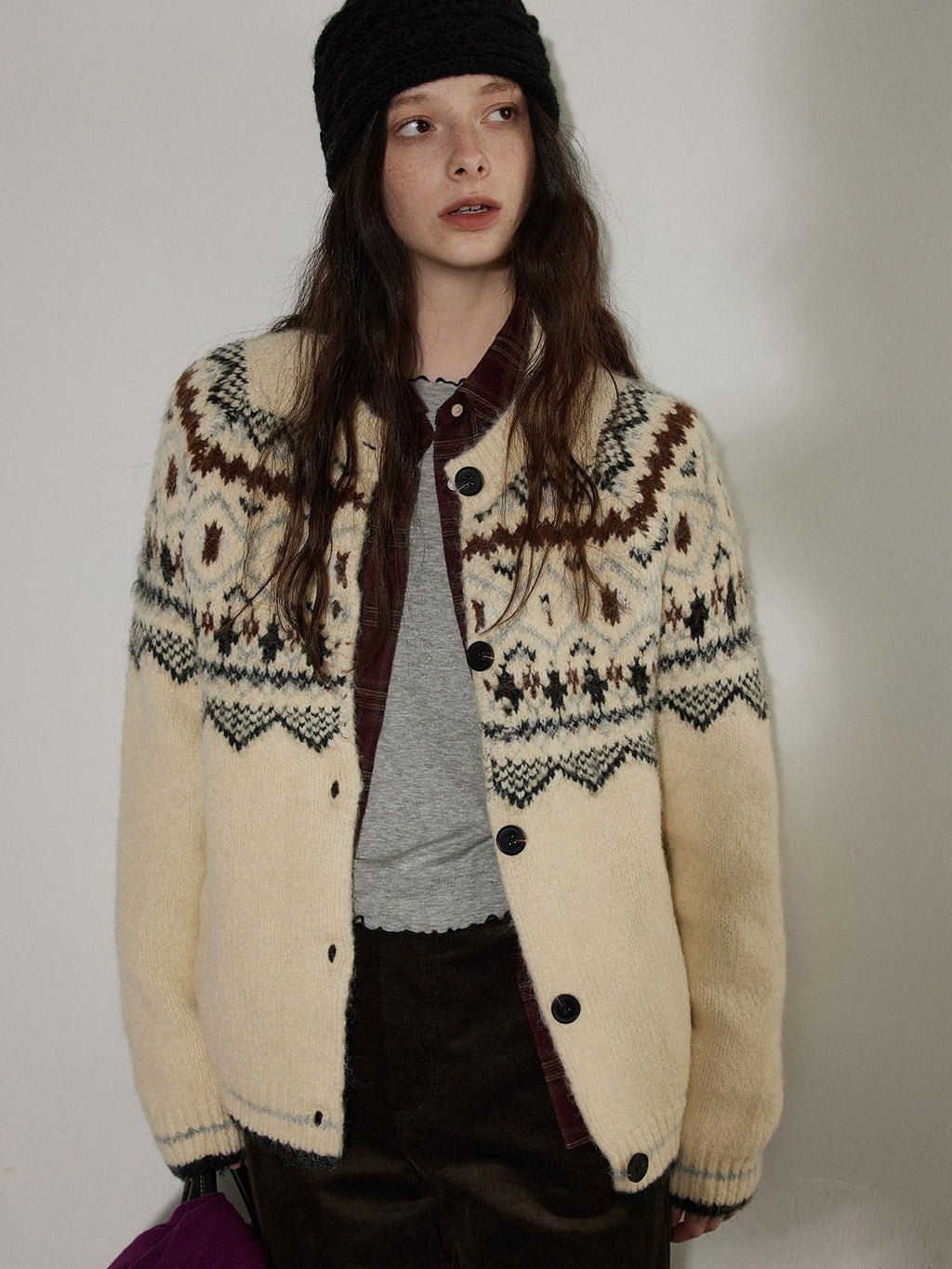 Lofi choose Soft Thick Knit Retro Geometric Button Front Round Neck Women Cream Cardigans