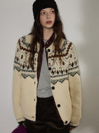 Lofi choose Soft Thick Knit Retro Geometric Button Front Round Neck Women Cream Cardigans