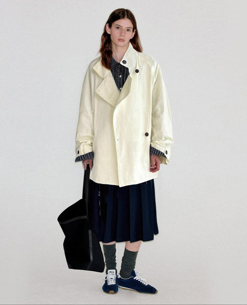 fano Cotton Stand Collar Loose Fit Korean Commuter Women Beige Mid Trench Coats