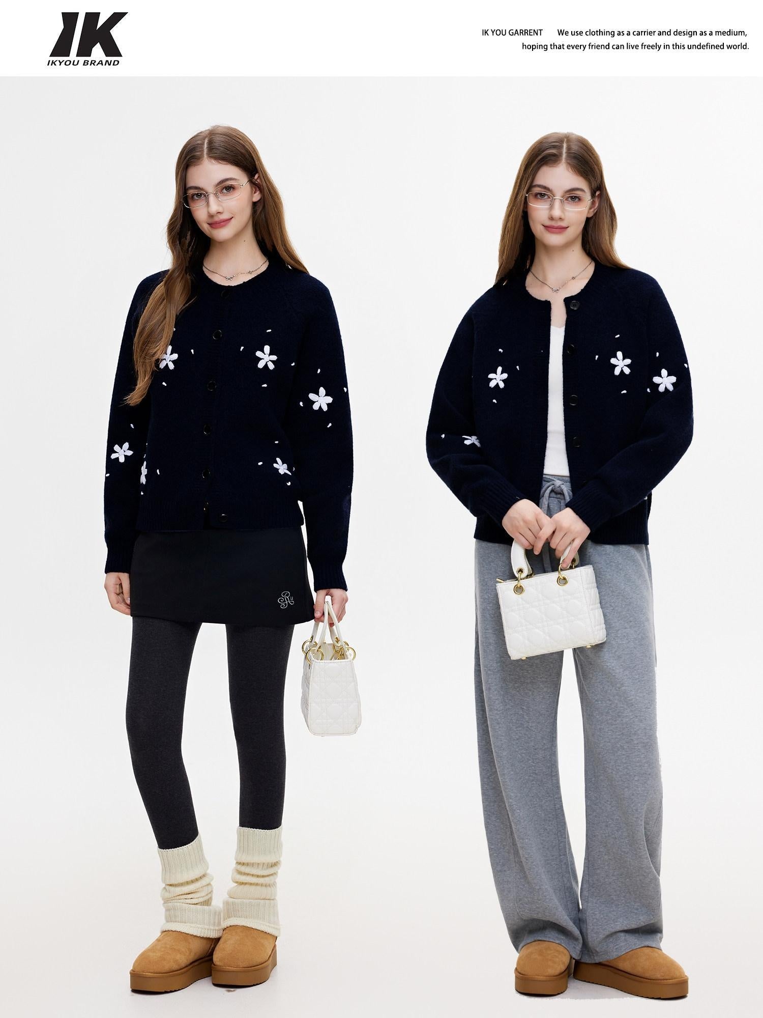 ikyou Thermal Commuter Straight Embroidered Women Acrylic Blend Black Cardigan Sweaters