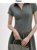 fano Soft Cotton Vintage Polo Collar A Line Natural Waist Girl Deep Gray Midi Dresses