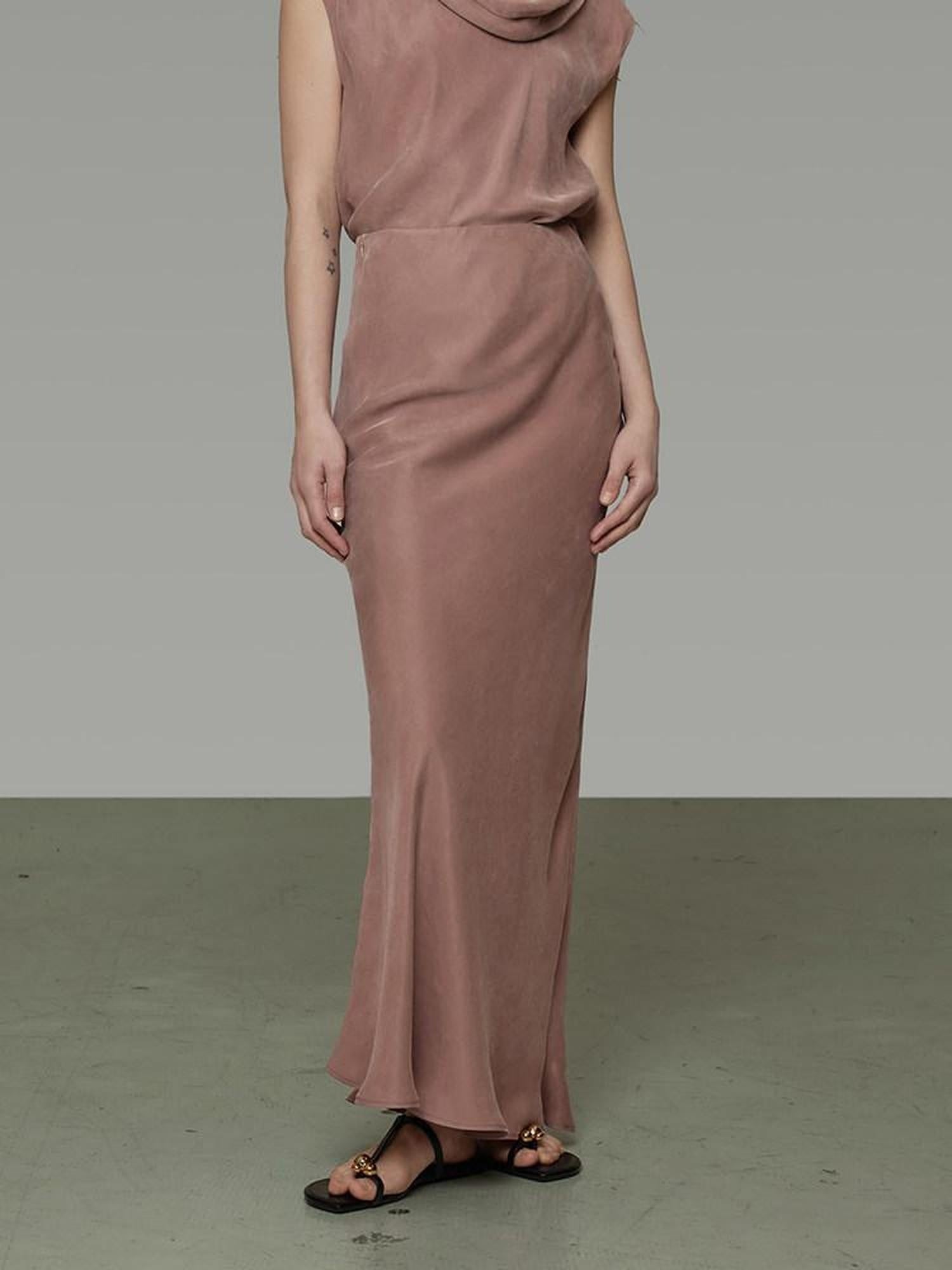 unspoken Smoky Pink Lined Minimal Commuter Mid Rise H Cut Solid Maxi Skirts