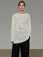 unspoken Lightweight Printed Minimalist Loose Round Neck Women Cream Pullover Sweaters