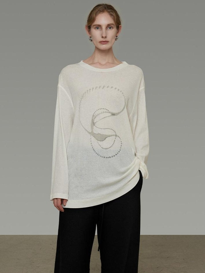 unspoken Lightweight Printed Minimalist Loose Round Neck Women Cream Pullover Sweaters
