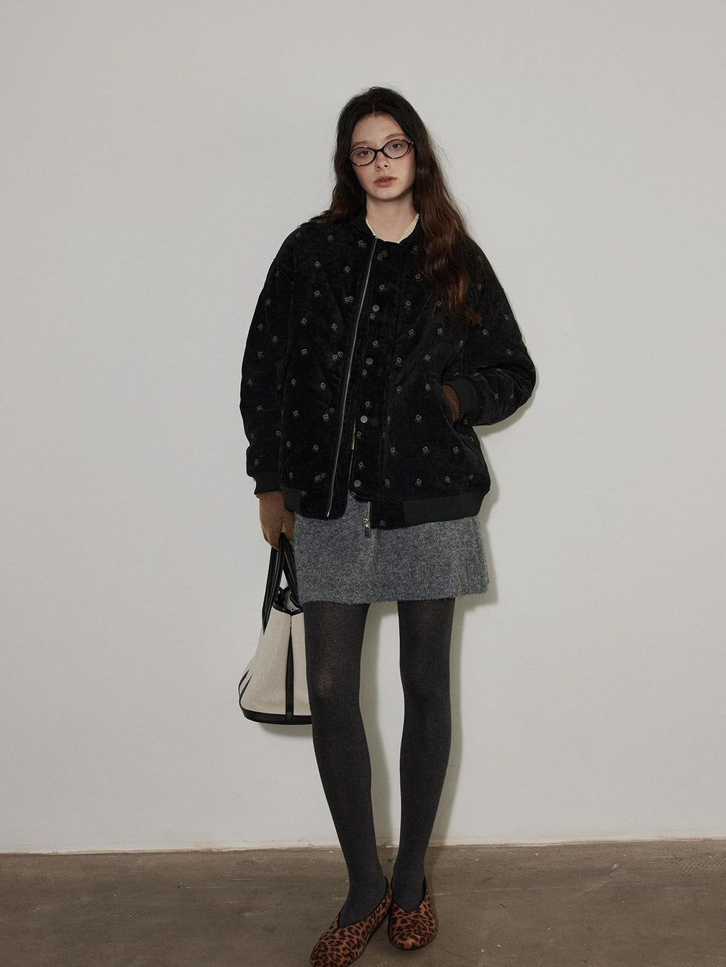 Lofi choose Knit Wool Blend Zip Cardigan Loose Fit Office Gray Short Skirt Top & Skirt Sets
