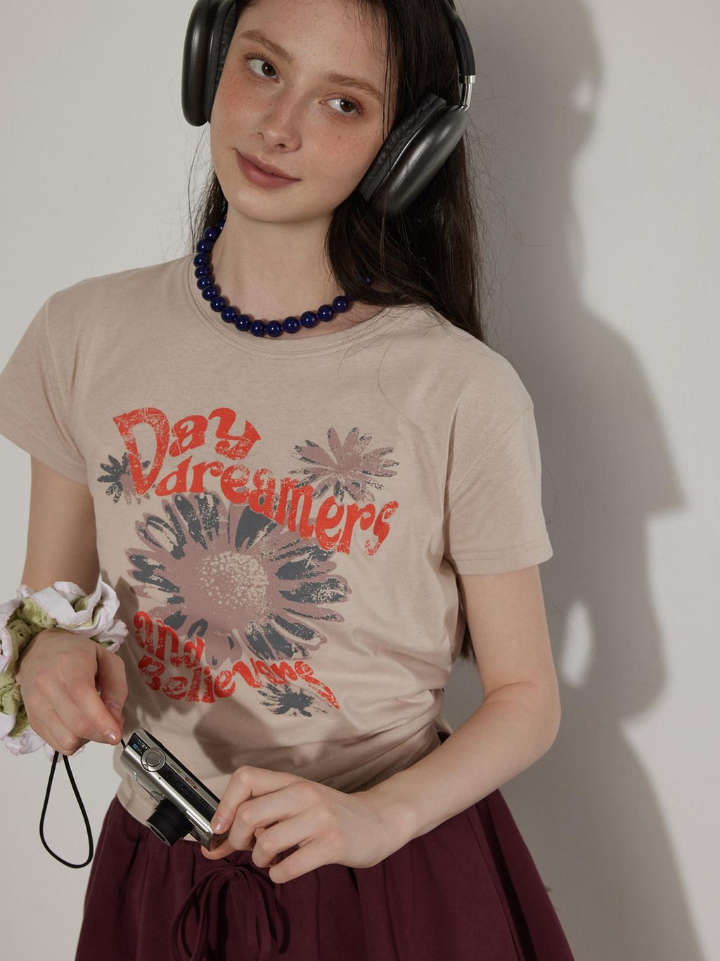 Lofi choose Cotton Floral Printed Loose Casual Round Neck Women Blue Short Sleeve T-Shirts