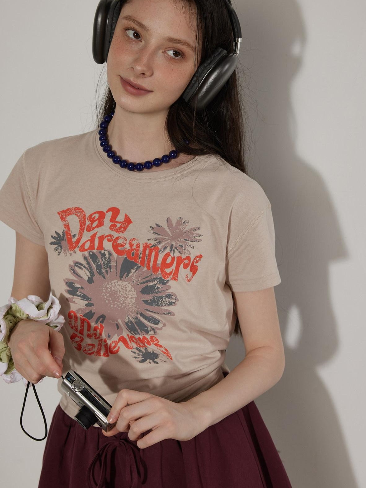 Lofi choose Cotton Floral Printed Loose Casual Round Neck Women Blue Short Sleeve T-Shirts