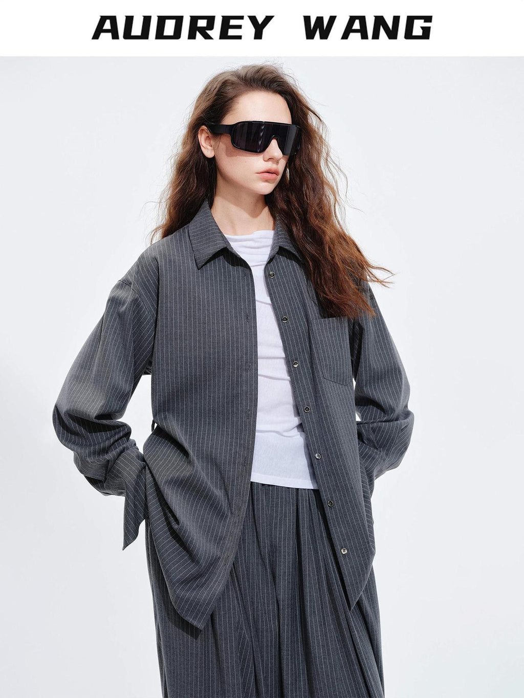 audreyyang Striped Relaxed Lapel Button Long Sleeve Casual Women Polyester Top & Pants Sets