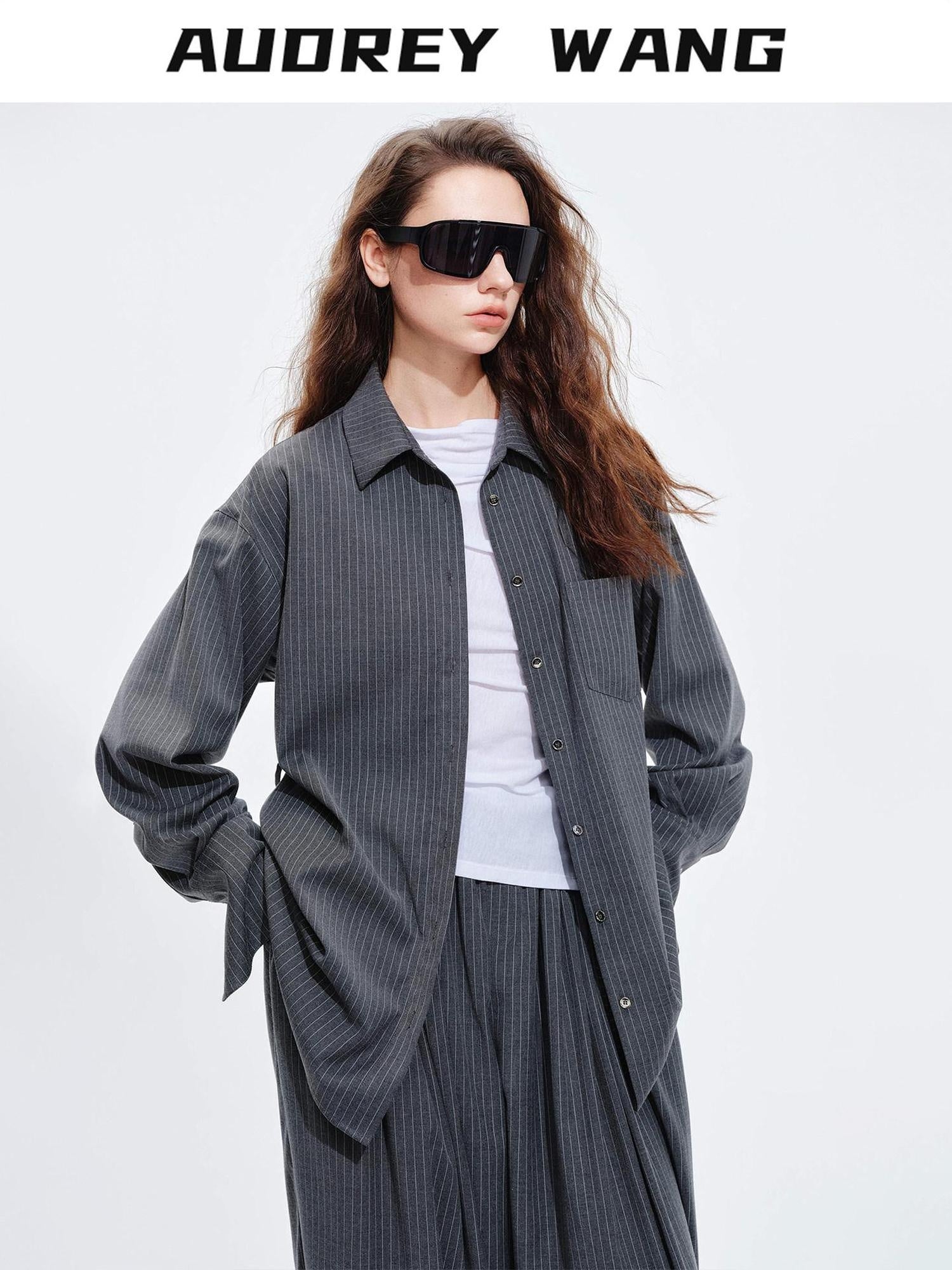 audreyyang Striped Relaxed Lapel Button Long Sleeve Casual Women Polyester Top & Pants Sets