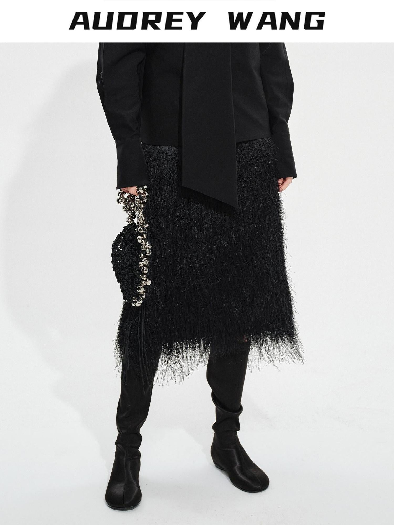 audreyyang Lined Fringed Front Slit Straight Midwaist Elastic Black Polyester Midi Skirts